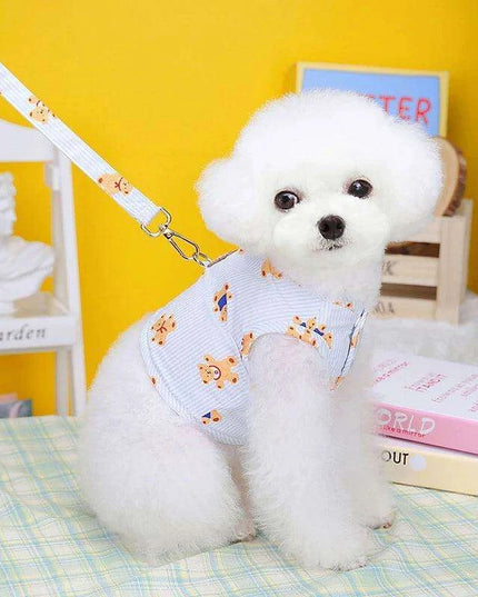 Adorable Bear Print Mesh Harness and Bowtie Leash Combo for Small Dogs and Cats - Trendy Pet Vest