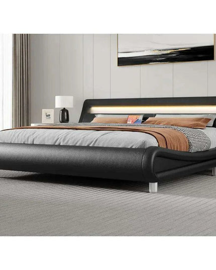 Luxurious Black King Size Bed Frame with Customizable PU Leather Headboard - No Box Spring Needed