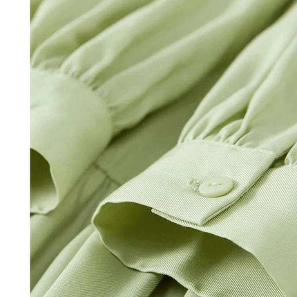 Elegant Light Green Puff Sleeve Midi Dress - Spring Pullover Round Neck for Women 2024