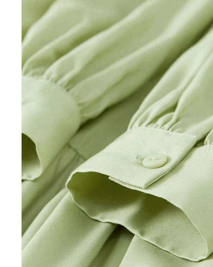 Elegant Light Green Puff Sleeve Midi Dress - Spring Pullover Round Neck for Women 2024