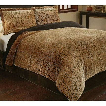 Luxurious King Size Cheetah Brown Velvet Plush Comforter Set with 2 Matching Shams