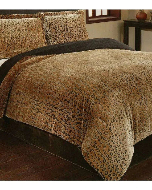 Luxurious King Size Cheetah Brown Velvet Plush Comforter Set with 2 Matching Shams