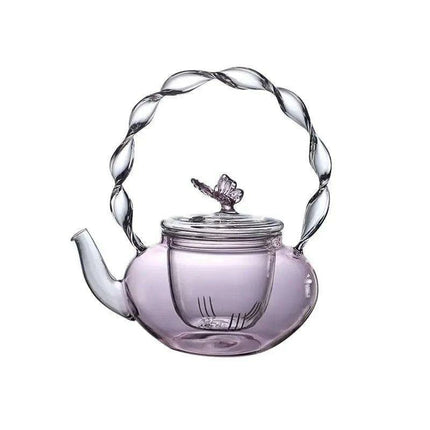 Elegant 700ML Pink Butterfly Glass Teapot for Electric Stoves