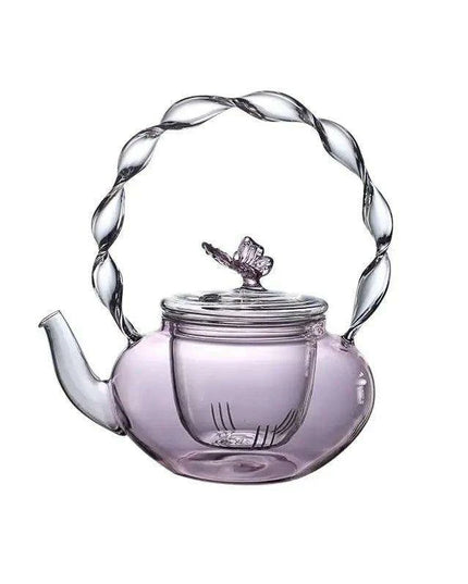 Elegant 700ML Pink Butterfly Glass Teapot for Electric Stoves