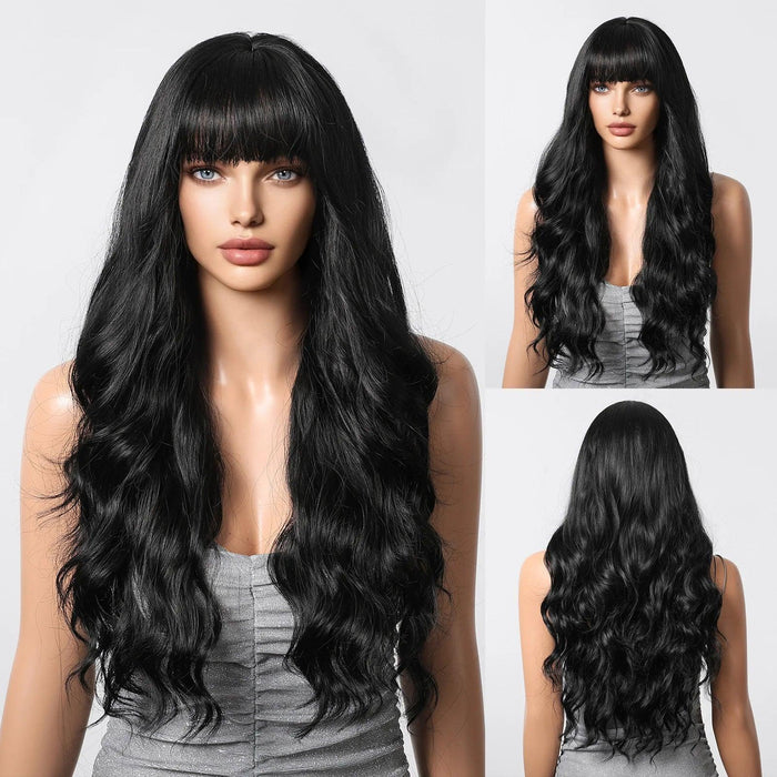 30-Inch Brown Wavy Synthetic Wig with Bangs - Perfect for Parties and Themed Events