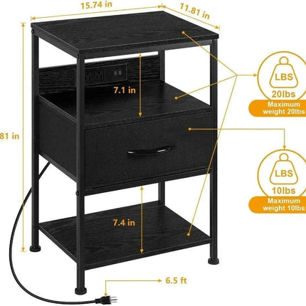 Modern Black Nightstand Set with USB Charging and Power Outlets - 2 Piece