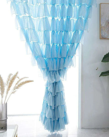 Elegant Blue Ruffled Semi-Blackout Curtains for Living Spaces and Girls' Rooms - Soft Tulle Drapes