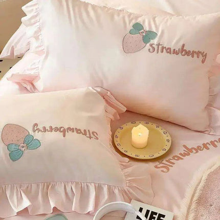 Charming Pink 1000TC Egyptian Cotton Strawberry Embroidery Bedding Set with Duvet Cover, Bed Sheet, and Pillowcases - Available in 4/5 Piece Variants