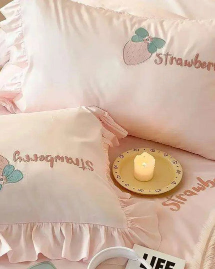 Charming Pink 1000TC Egyptian Cotton Strawberry Embroidery Bedding Set with Duvet Cover, Bed Sheet, and Pillowcases - Available in 4/5 Piece Variants