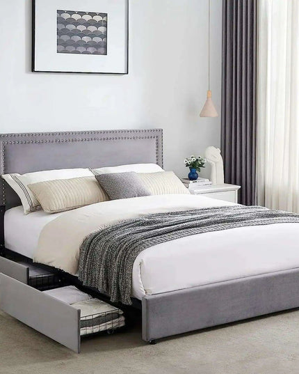 Chic Velvet Storage Bed with Adjustable Headboard and Spacious Drawers