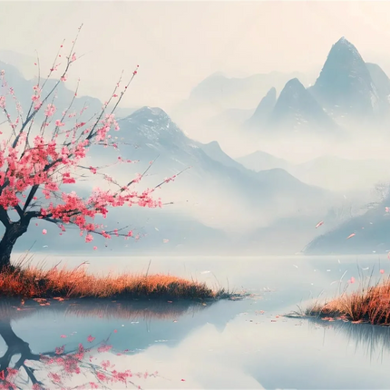 Mountain Lake Cherry Blossom 3D Mural Wallpaper