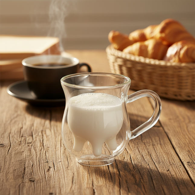 Double Wall Glass Creamer Jug — 250ml Cow-Shaped Milk Pitcher