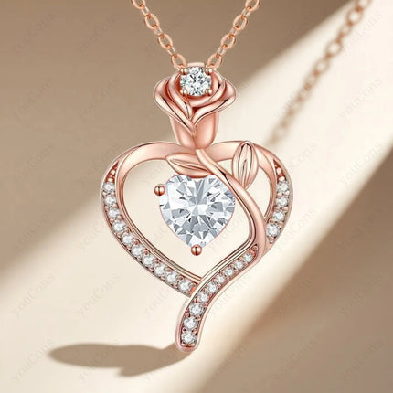 Tiffmet Rose Zircon Heart Pendant Necklace - Elegant Gift for Her