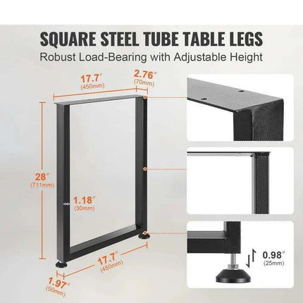 Heavy-Duty Matte Black Adjustable Steel Desk Legs - 28" Square, Supports Up to 1000 lbs, Set of 2