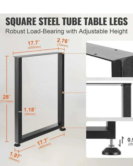 Heavy-Duty Matte Black Adjustable Steel Desk Legs - 28" Square, Supports Up to 1000 lbs, Set of 2