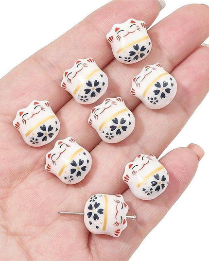 Set of 2 Artisan 14mm Ceramic Lucky Cat Charms for Creative Jewelry Designs
