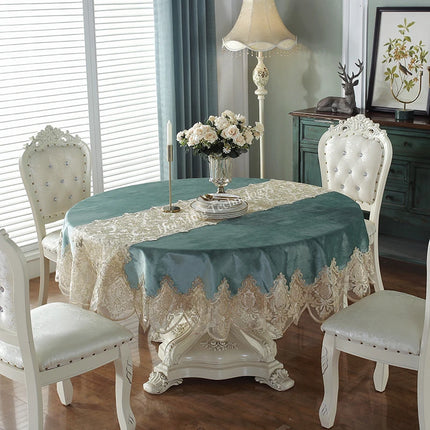 JD Heart Luxury Blue Golden Velvet Rectangle Tablecloth with Lace Trim
