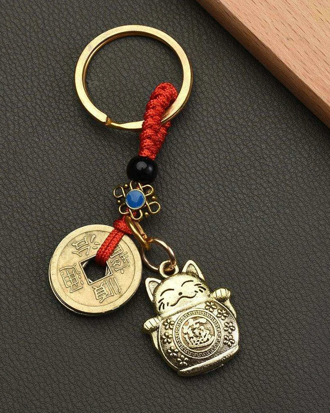 Fortune Cat Brass Keychain with Antique Coins - A Charm for Wealth and Abundance
