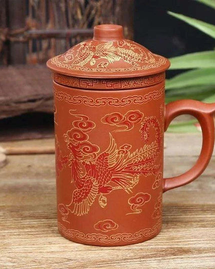 Handcrafted Dragon Design Purple Clay Tea Mug Set with Infuser and Lid