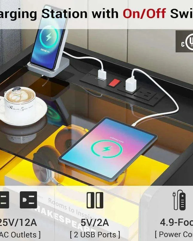 LED Smart Nightstand with Charging Station and Pull-out Tray - Modern Design with 2 Drawers