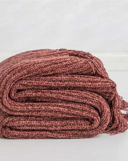 Charming Chenille Knit Throw Blanket with Delightful Pompoms - Cozy Elegance for Your Living Space