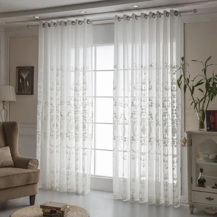Embroidered White Tulle Sheer Curtain — European Floral Lace, 1 Panel