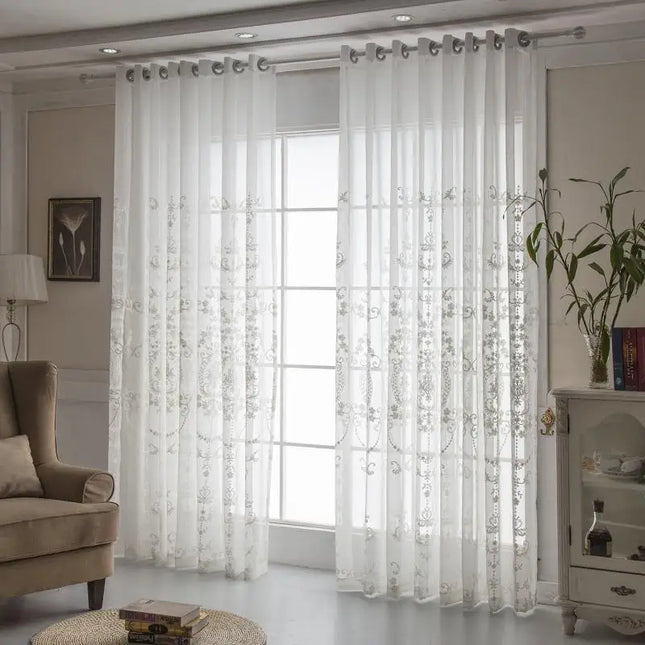 Embroidered White Tulle Sheer Curtain — European Floral Lace, 1 Panel