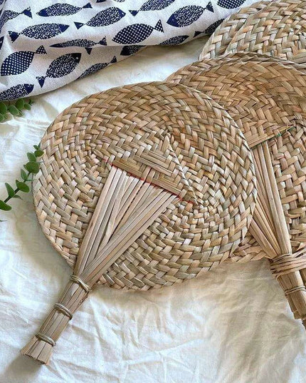 Vintage Raffia Hand Fan - Artisan Bamboo Cooling Accessory for Elegant Summer Celebrations