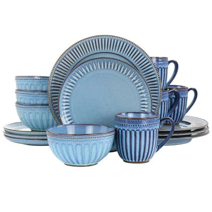 Artisan Blue Haze 16-Piece Stoneware Dinnerware Set - Unique Reactive Glaze with Distinctive Color Variations