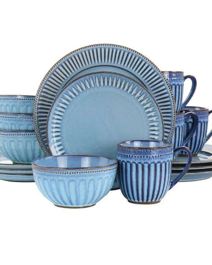 Artisan Blue Haze 16-Piece Stoneware Dinnerware Set - Unique Reactive Glaze with Distinctive Color Variations