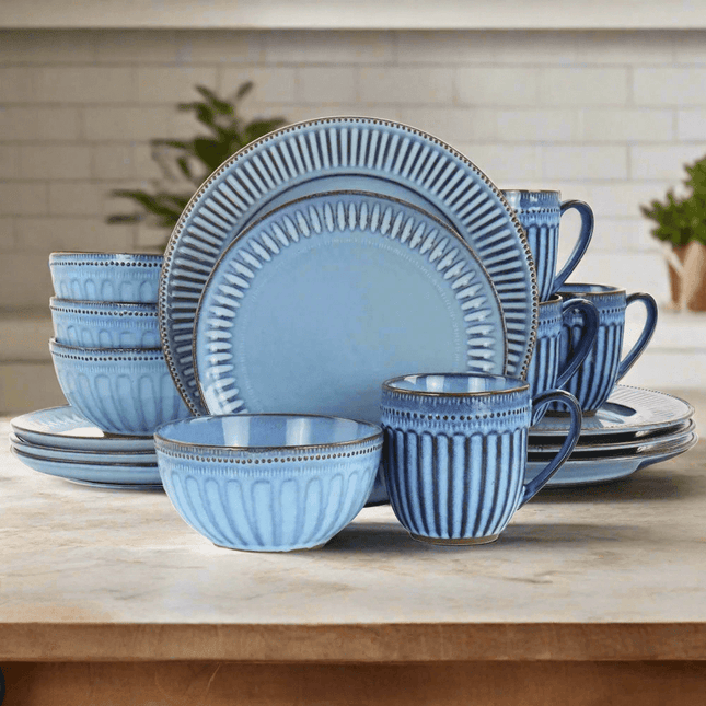 Artisan Blue Haze 16-Piece Stoneware Dinnerware Set - Unique Reactive Glaze with Distinctive Color Variations