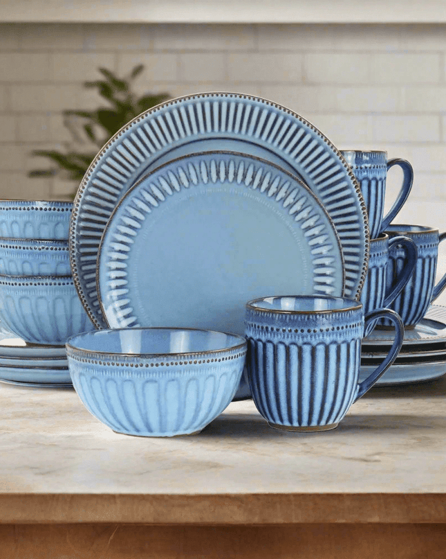 Artisan Blue Haze 16-Piece Stoneware Dinnerware Set - Unique Reactive Glaze with Distinctive Color Variations