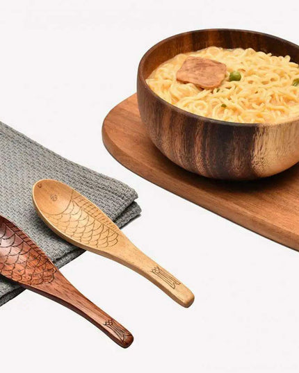 Charming Handcrafted Fish-Shaped Japanese Wooden Rice Spoon - Short-Handled Kitchen Essential
