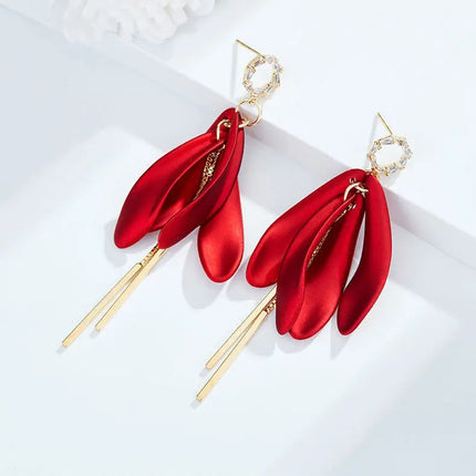 Honeypotson SU-SU Rose Petal Long Earrings - Elegant Red Design
