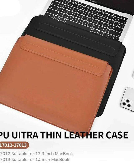 Sleek PU Leather MacBook Sleeve with Magnetic Closure - Brown/Black Case for 13.3/14 Inch Laptops