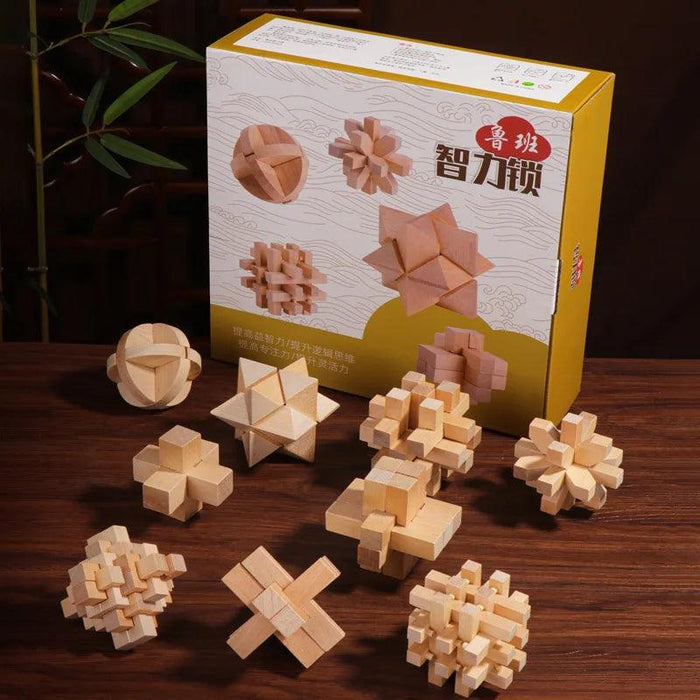 Luban Lock 9-Piece Wooden Puzzle Set - Engaging 3D Brain Teaser for All Ages, Educational IQ Challenge