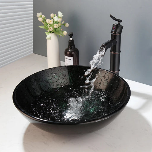 Modern Hand-Painted Glass Basin Sink Set with Chrome Faucet