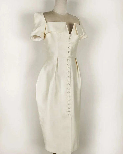 Square Neck Button-Front Short Sleeve Dress