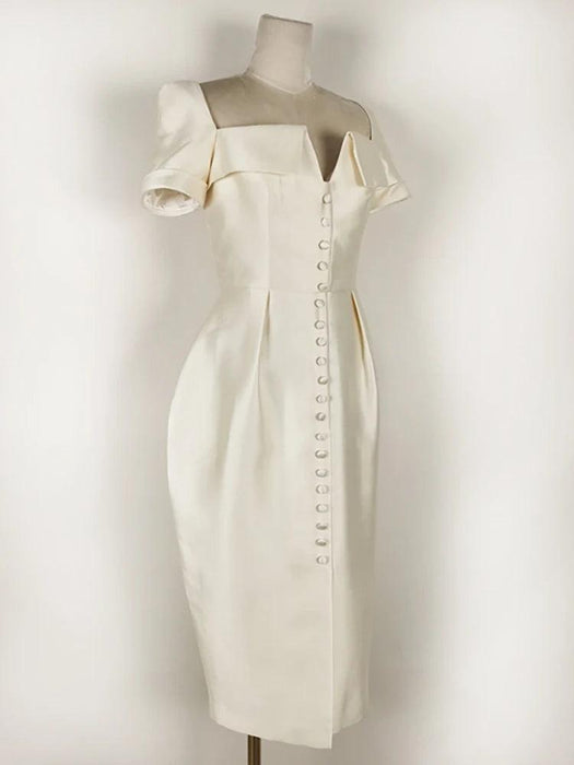 Square Neck Button-Front Short Sleeve Dress