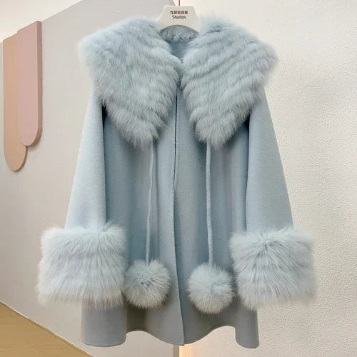 Elegant Fox Fur Trimmed Woolen Cape - Stylish and Cozy Choice