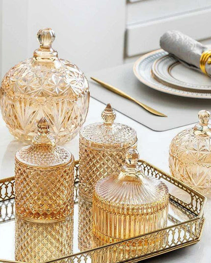 Amber Radiance Crystal Glass Storage Jar with Lid for Jewelry and Event Decor
