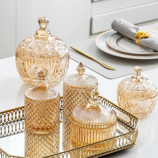 Amber Radiance Crystal Glass Storage Jar with Lid for Jewelry and Event Decor