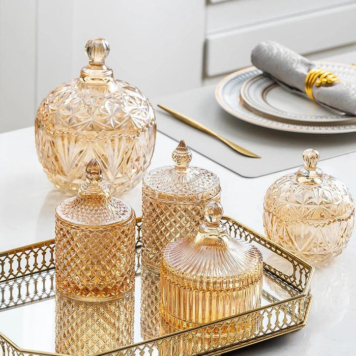 Amber Radiance Crystal Glass Storage Jar with Lid for Jewelry and Event Decor