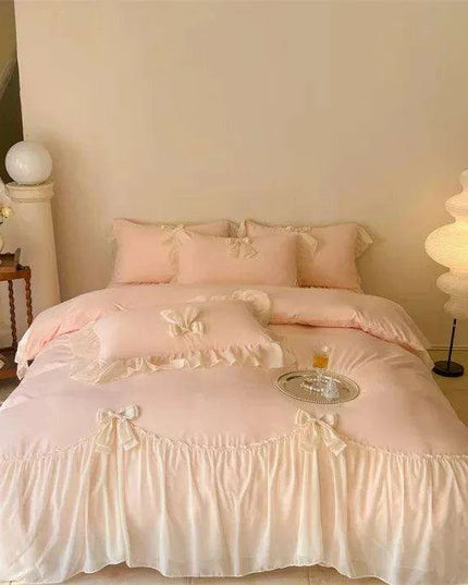 Elegant French Lace Ruffled Duvet Cover Set - Luxurious Bedding Ensemble with Bow Accents, Soft Sheets and Pillowcases