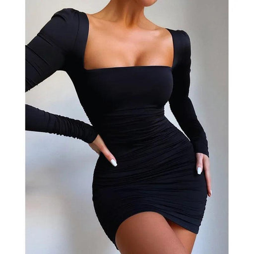 Sophisticated Autumn Pleated Bodycon Dress with Long Sleeves and Square Neck for Women by Josiaoprah