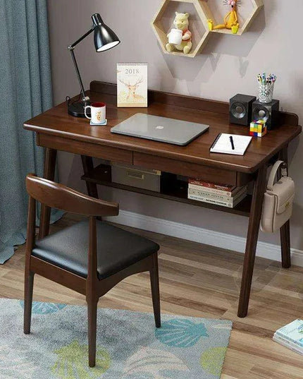 63" Elegant Mid Century Modern Solid Wood Office Desk with Storage Shelf - Walnut Finish
