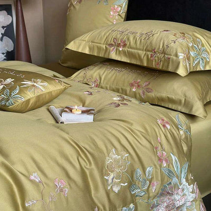 Luxurious 1000TC Egyptian Cotton Floral Embroidery Bedding Set with Sheets & Pillowcases - Available in Full, Queen, King Sizes