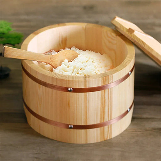 Wooden Rice Bucket Plate Set - Rustic Japanese and Korean Sushi Tray & Food Storage Solution