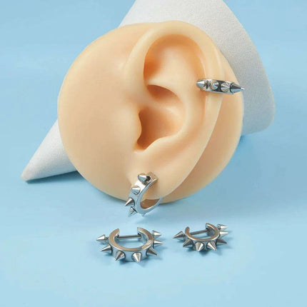 Men's Silver/Black Stainless Steel Spike Hoop Earring - Edgy Cartilage Jewelry for Tragus, Helix, and Daith Piercings