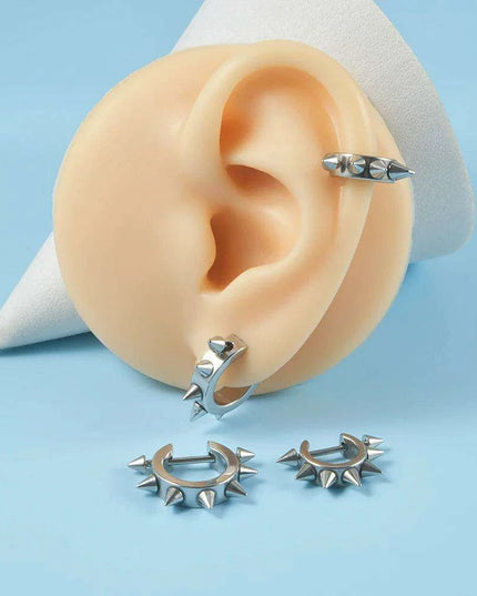 Men's Silver/Black Stainless Steel Spike Hoop Earring - Edgy Cartilage Jewelry for Tragus, Helix, and Daith Piercings